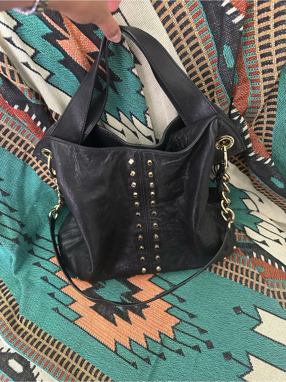 Michael Kors Black Leather Stud-Detail Shoulder Bag with Gold Hardware